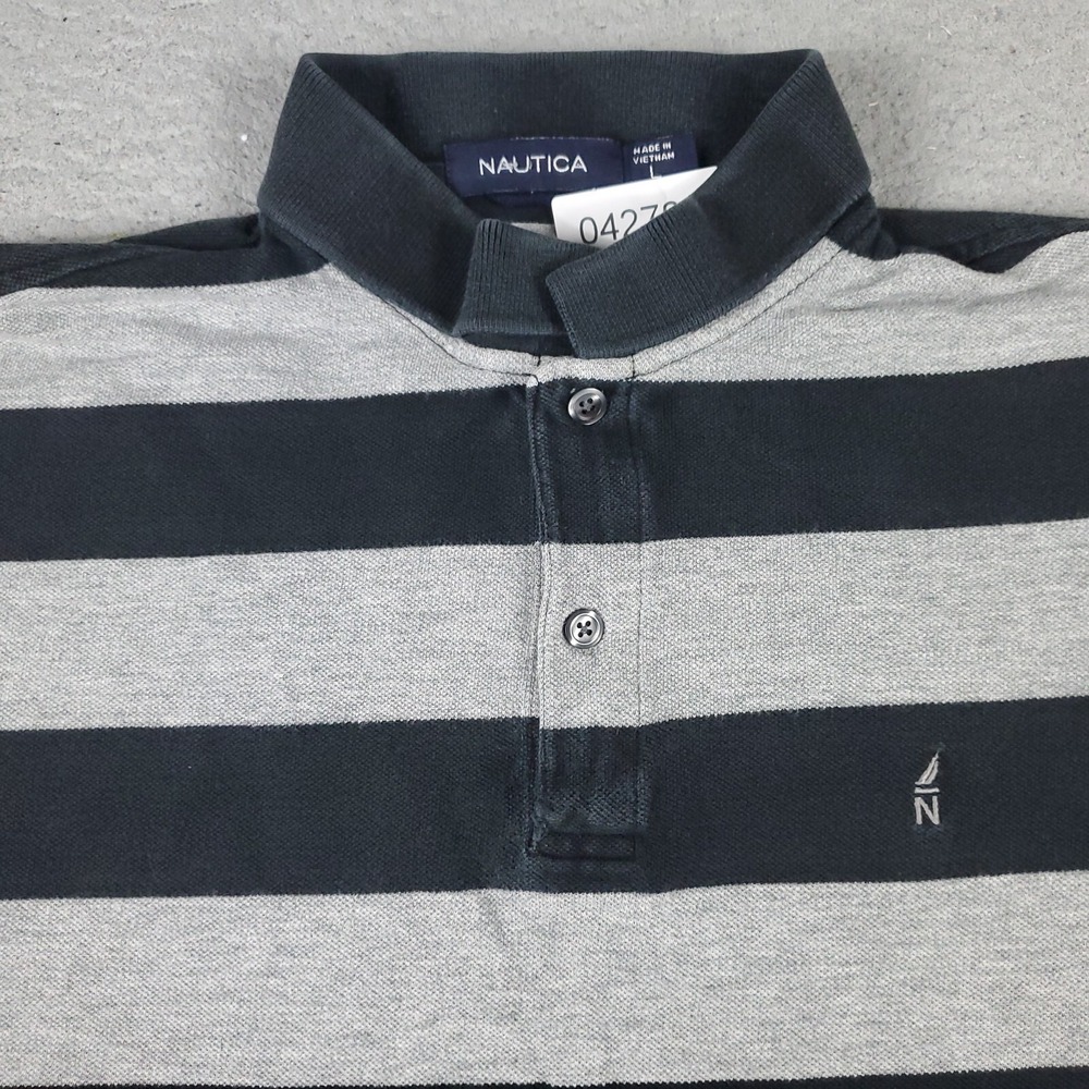 Nautica Polo Shirt Mens Large Gray Striped Casual Short Sleeve Regular Fit